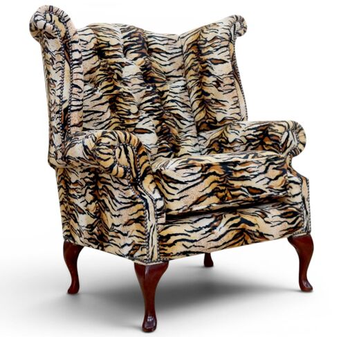 Chesterfield Tiger Queen Anne High Back Wing Chair Animal Print Fabric