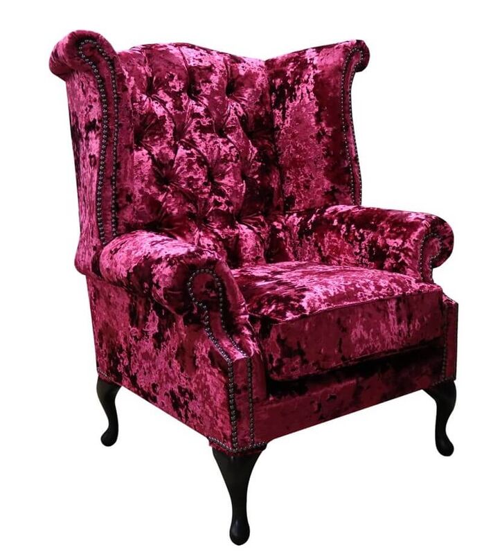 Product photograph of Chesterfield Velvet Queen Anne High Back Wing Chair Lustro Carmine from Designer Sofas 4U