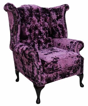 Chesterfield Velvet Queen Anne Wing Chair Lustro Amethyst Purple