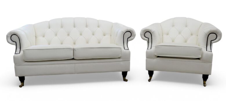 Chesterfield Victoria 2+1 Seater Leather Sofa Suite White Real Leather