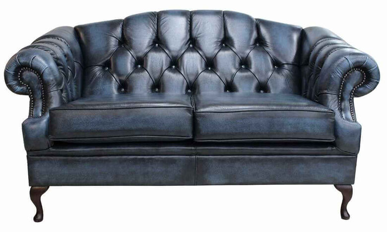 Victoria 2 Seater Chesterfield Leather Sofa Settee Antique Blue Leather