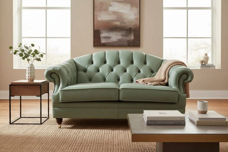 Chesterfield Victoria 2 Seater Leather Sofa Settee Pea Green Leather