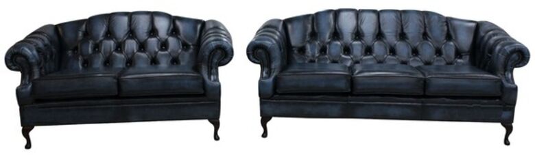 Victoria 3+2 Seater Chesterfield Leather Sofa Settee Antique Blue Leather