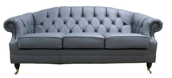 Chesterfield Victoria 3 Seater Leather Sofa Settee Shelly Piping Grey Leather