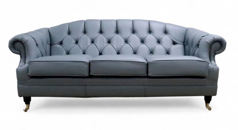 Chesterfield Victoria 3 Seater Leather Sofa Settee Shelly Piping Grey Leather