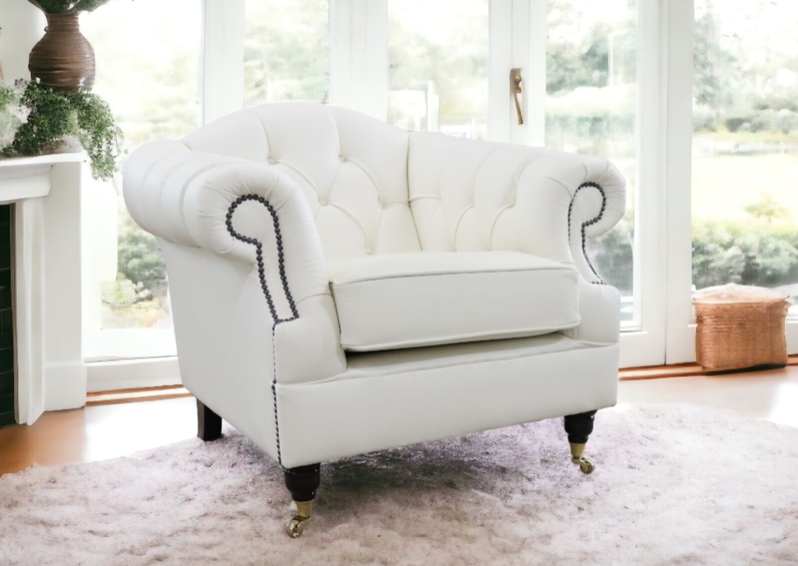 Product photograph of Chesterfield Victoria Leather Armchair Shelly White from Designer Sofas 4U