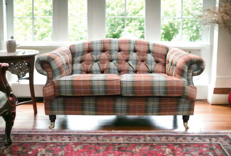 Product photograph of Victoria 2 Seater Chesterfield Plaid Chestnut Check Tweed Wool Sofa from Designer Sofas 4U