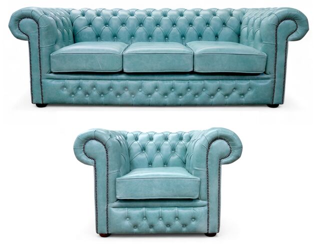 Chesterfield Winchester 3 + Club Chair Sofa Suite Old English Placid Lake Leather