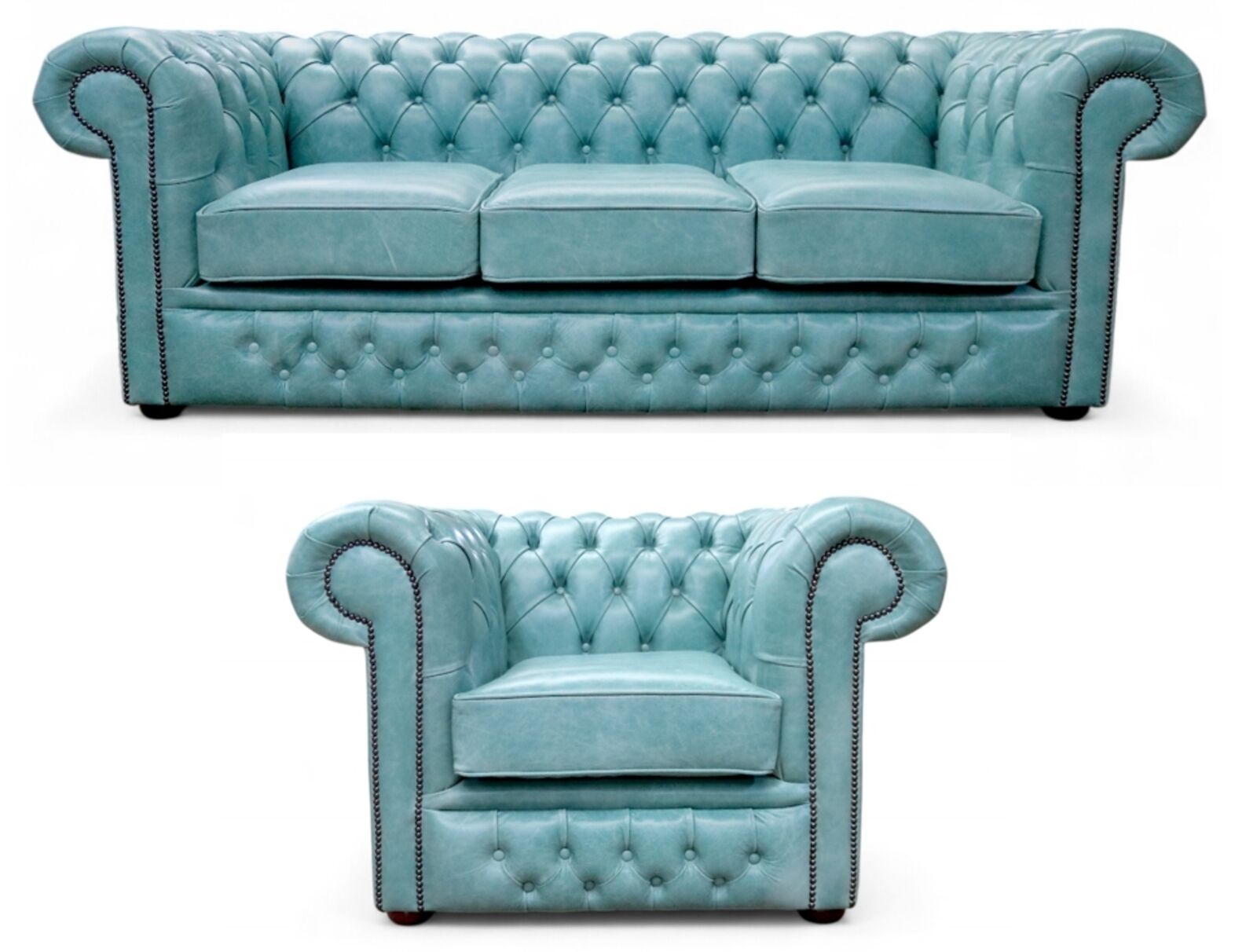 Chesterfield Winchester 3 + Club Chair Sofa Suite Old English Placid Lake Leather