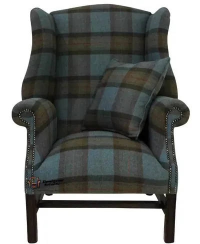 Winchester Wool Tweed High Back Wing Chair Fireside Armchair Skye Sea Check Fabric