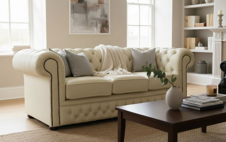 Chesterfield Winchester Leather Sofa - British Made 3 Seater Cream