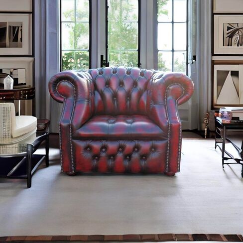 Chesterfield Windsor Club Armchair Button Seat Antique Oxblood Leather