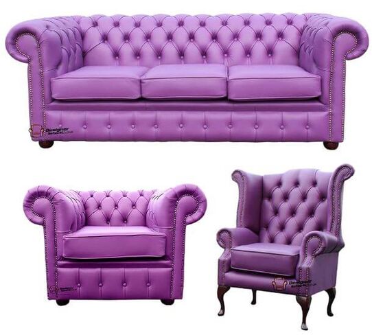 Chesterfield 3 Seater + Queen Anne High Back Wing Chair + Club Chair Wineberry Purple Leather