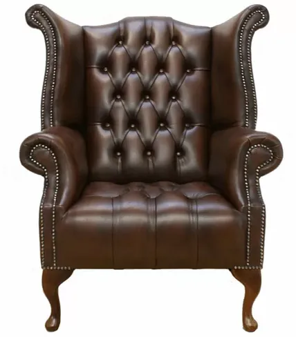 Chesterfield Buttoned Seat Queen Anne High Back Wing Chair UK Manufactured Antique Brown