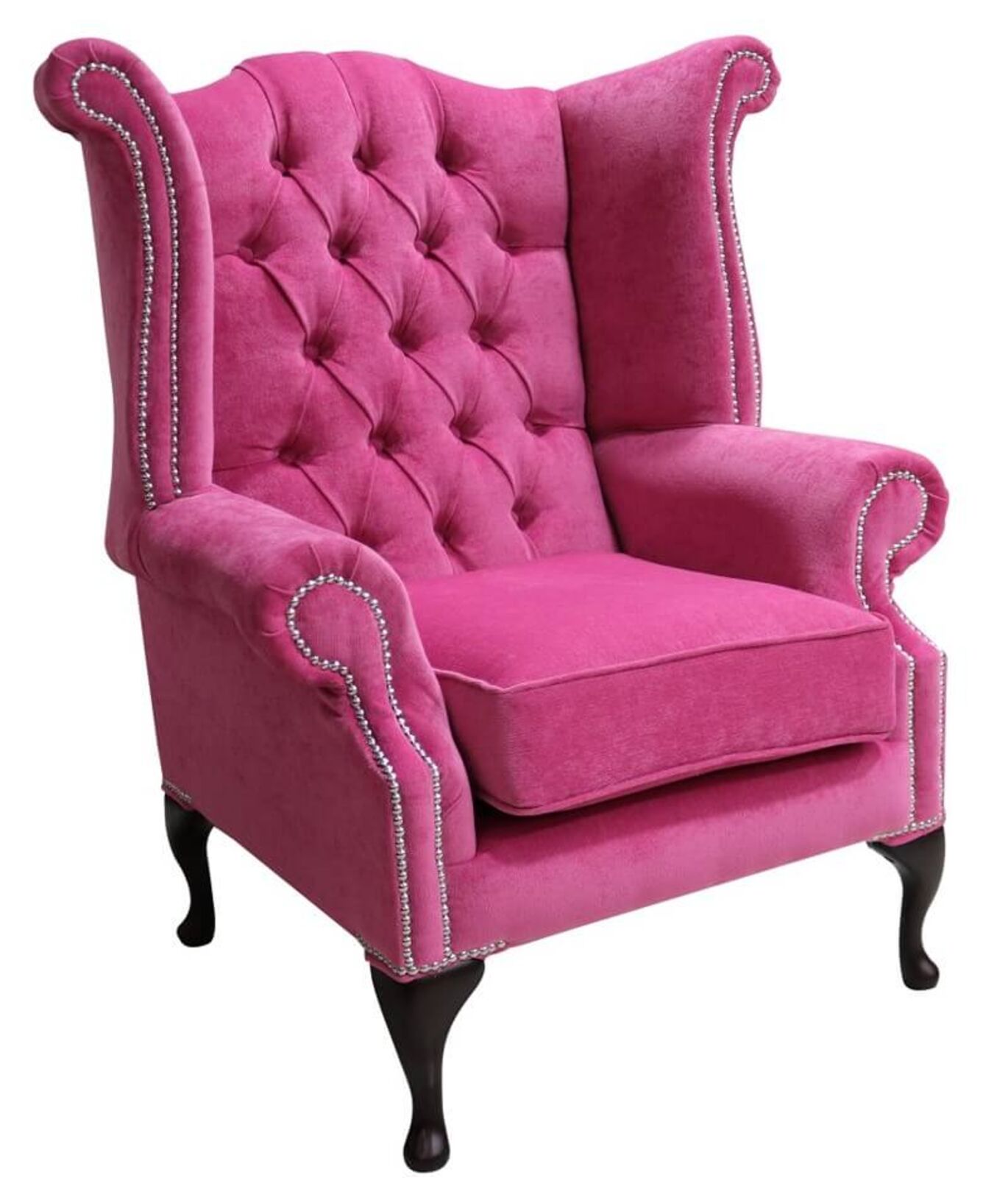 Product photograph of Chesterfield Fabric Queen Anne High Back Wing Chair Pimlico Fuchsia Pink from Designer Sofas 4U