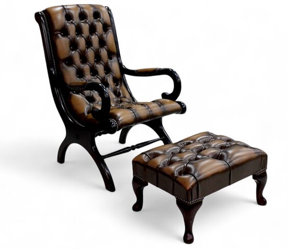 Chesterfield York Slipper Stand Chair Antique Tan Leather + Footstool | DesignerSofas4U