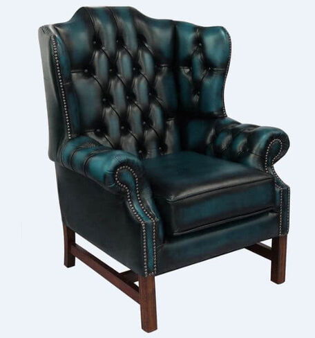 Chesterfield Churchill High Back Wing Chair Cushioned Seat Antique Blue Leather