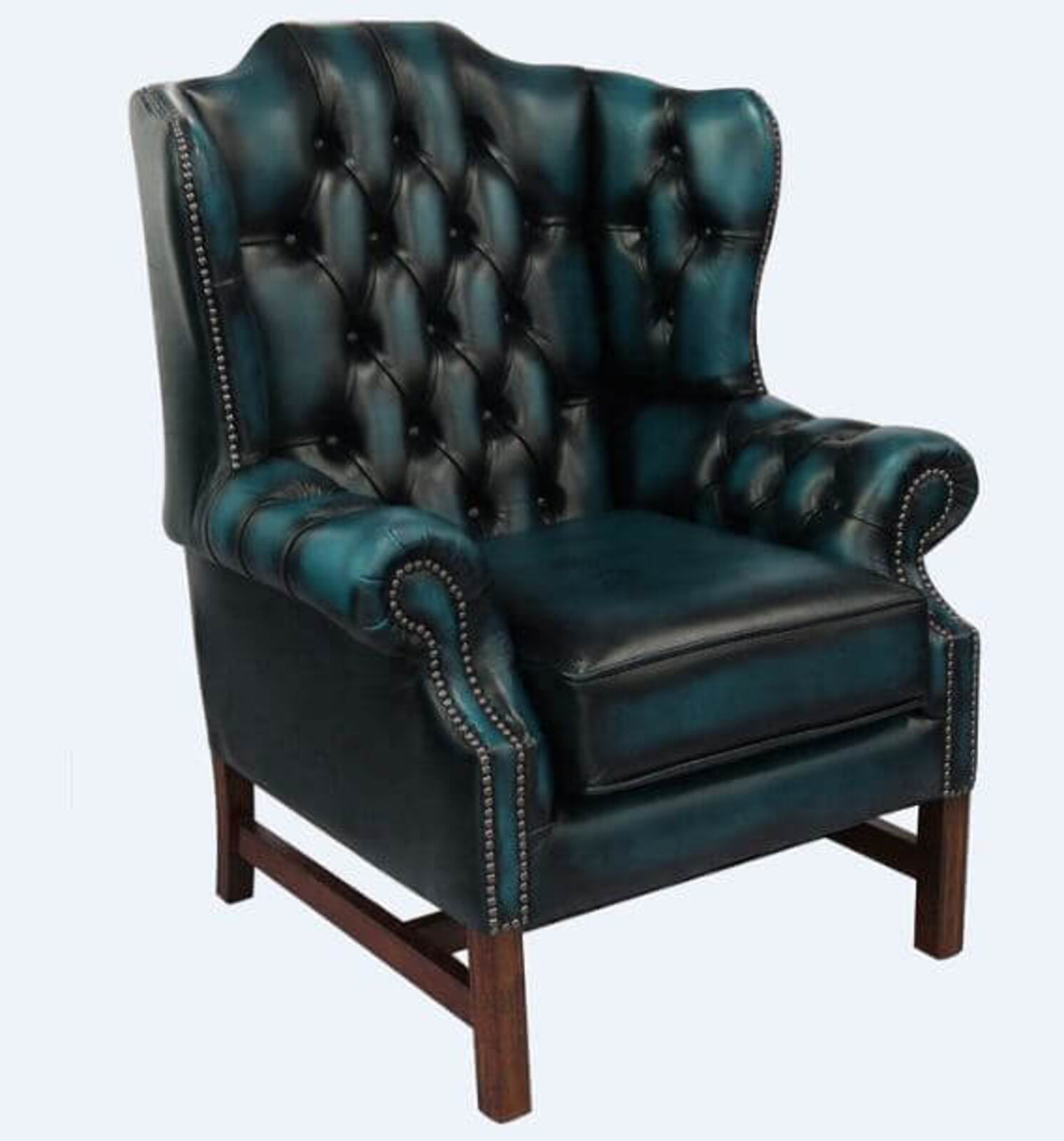 Product photograph of Chesterfield Churchill High Back Wing Chair Cushioned Seat Antique Blue Leather from Designer Sofas 4U