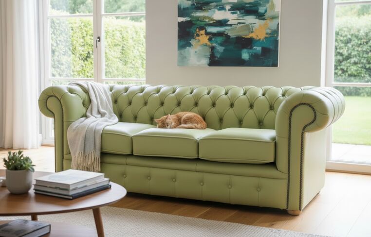 Classic Pistachio Green Chesterfield Vele Leather Sofa – Timeless Elegance & Comfort