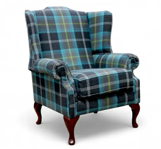 Classic Wingback Queen Anne Armchair – Tartan Balmoral Azure Plaid Upholstery