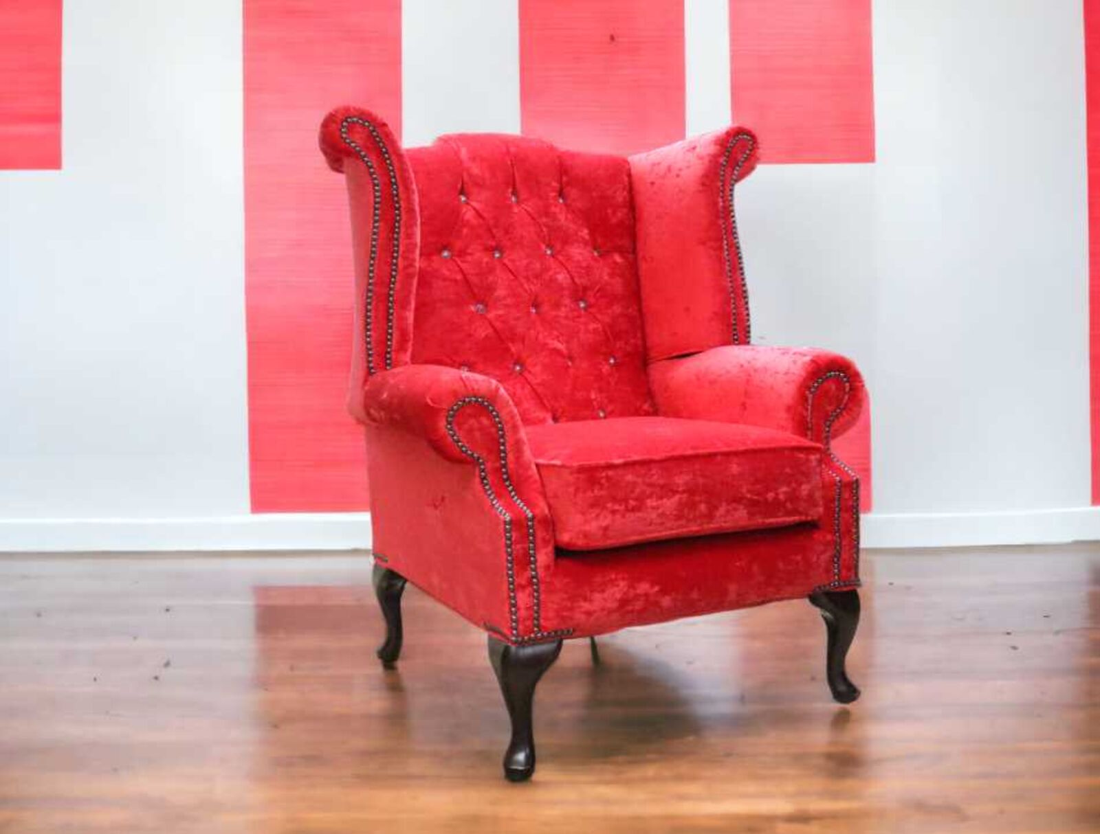 Product photograph of Chesterfield Crystal Queen Anne High Back Wing Chair Modena Salsa Red Velvet from Designer Sofas 4U