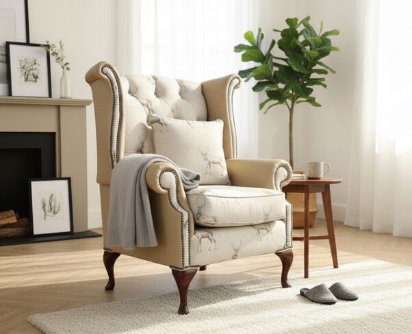 Elegant Wingback Armchair with Stag Print Upholstery