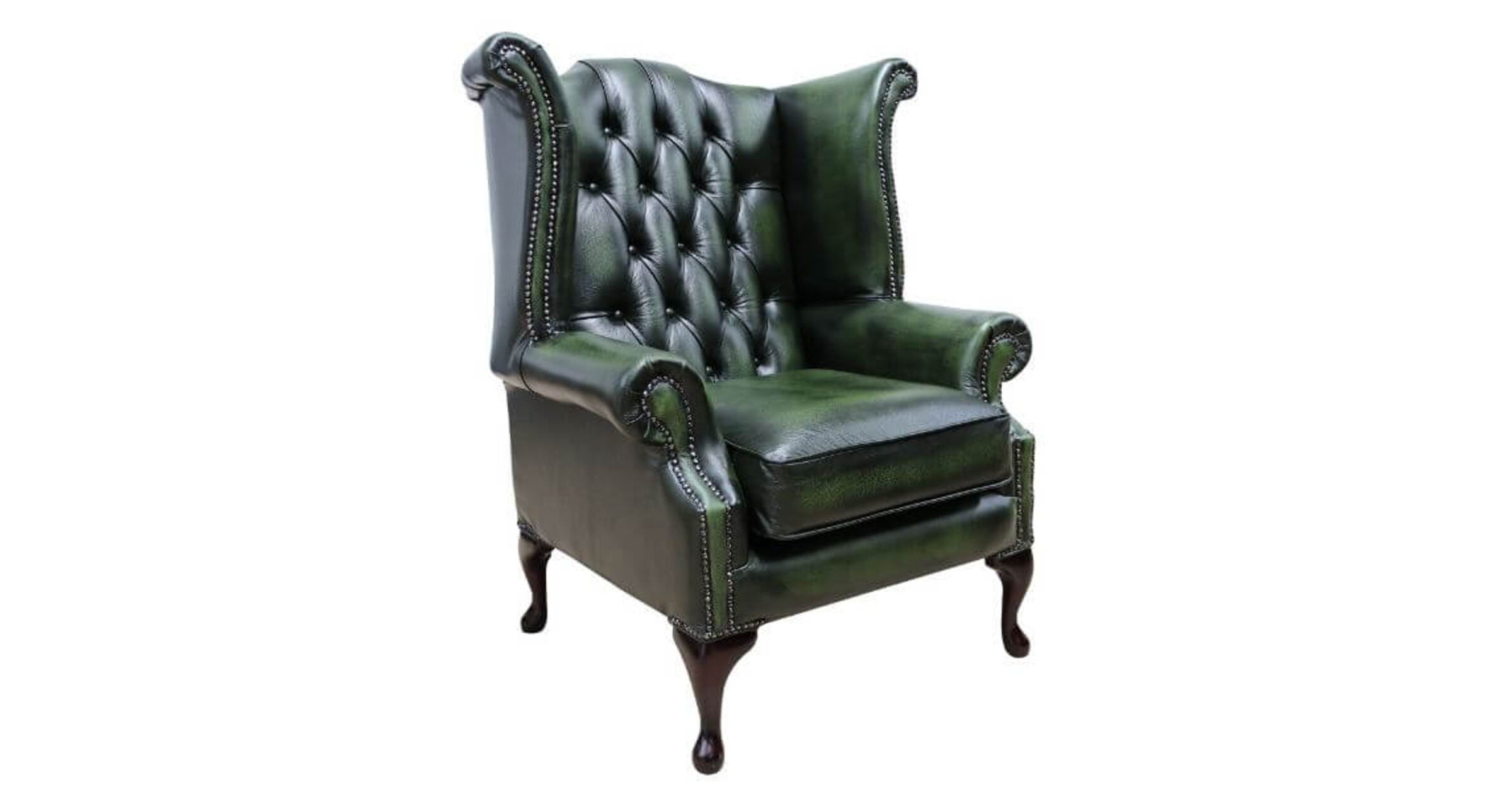 Rub Off Antique Green Leather Chesterfield Queen Anne Wing