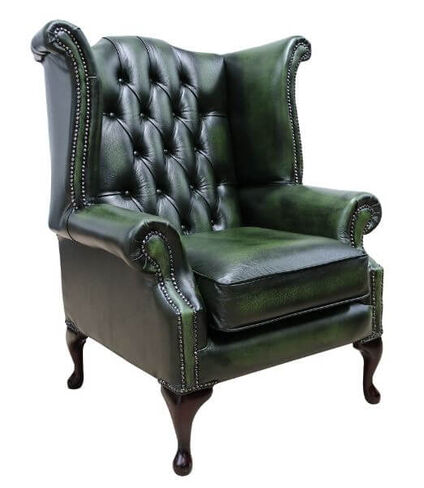 Chesterfield Georgian Queen Anne Wing Chair Antique Green Leather