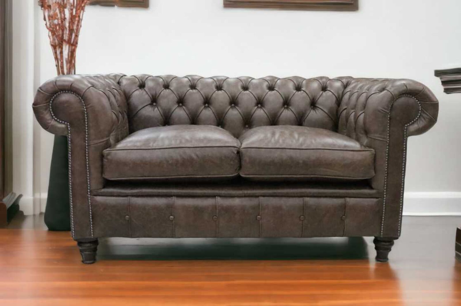 Product photograph of Chesterfield Historian 2 Seater Settee Cracked Wax Espresso Brown Leather Sofa from Designer Sofas 4U