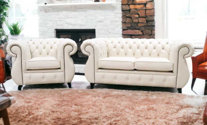 Product photograph of Chesterfield Kimberley 2 1 Seater Shelly Almond Leather Sofa Suite from Designer Sofas 4U