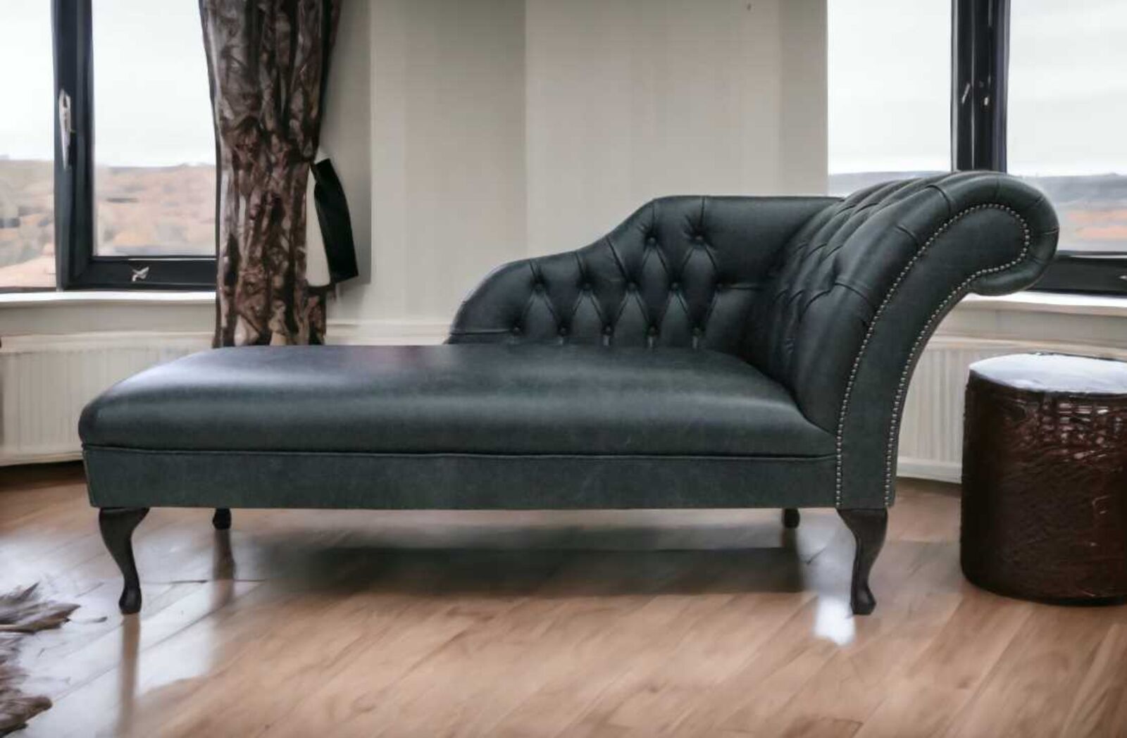 Product photograph of Chesterfield Leather Chaise Lounge Day Bed Cracked Wax Black Leather from Designer Sofas 4U