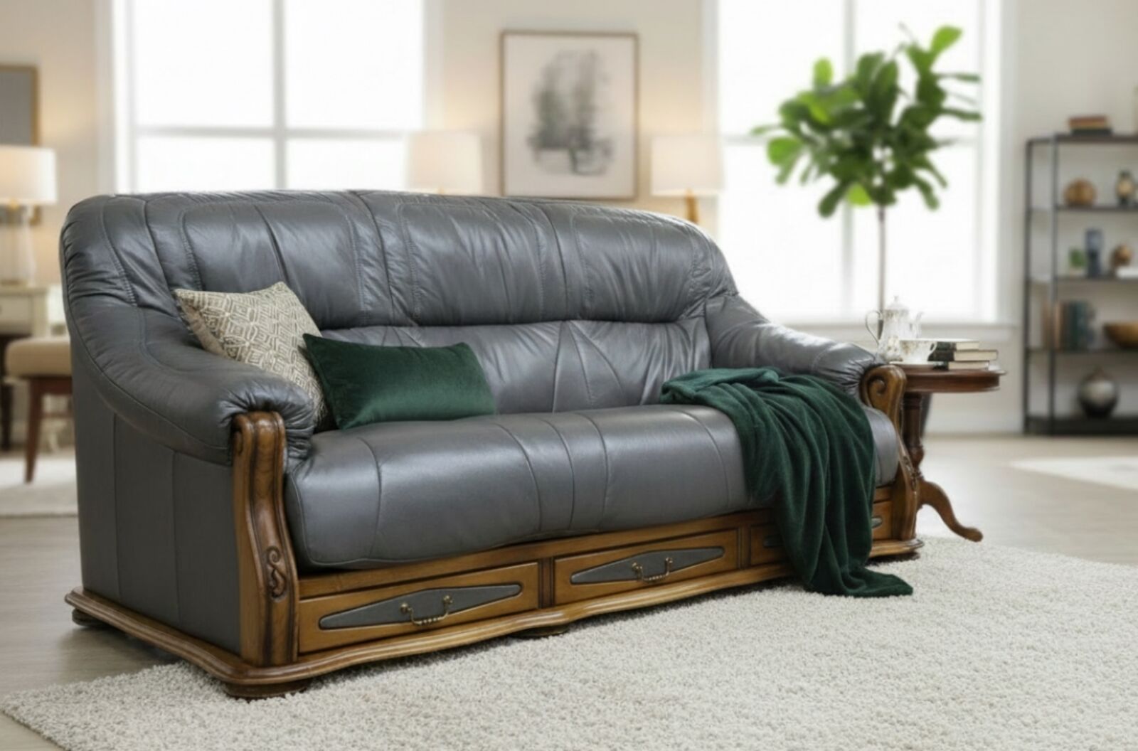 Luxurious Belgium 3-Seater Italian Leather Sofa with Built-In Storage Drawers Elegant Grey