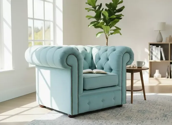 Luxury Aqua Blue Chesterfield Club Armchair – Elegant Fabric Upholstery