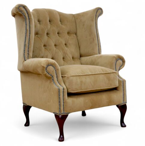 SPECIAL OFFER Chesterfield Queen Anne High Back Wing Armchair Plush Beige Velvet Fabric