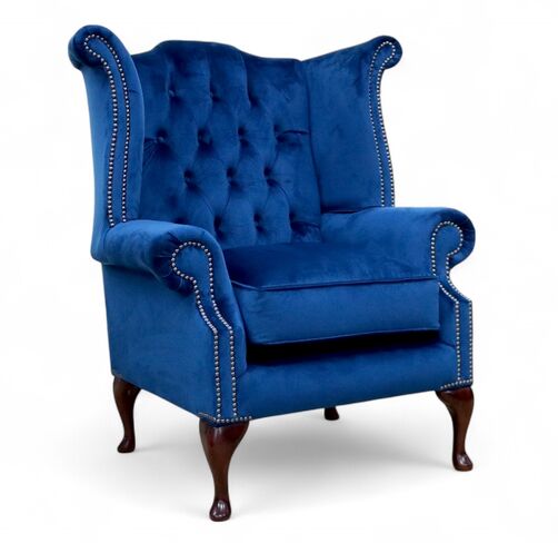 SPECIAL OFFER Chesterfield Queen Anne High Back Wing Armchair Plush Marine Blue Velvet Fabric