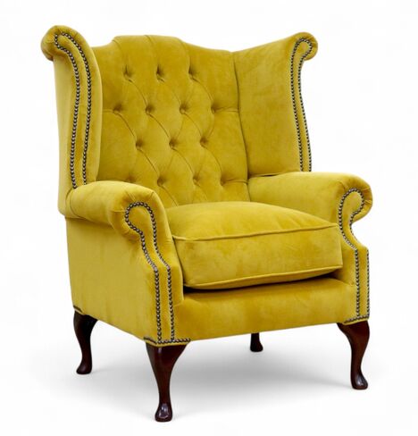 SPECIAL OFFER Chesterfield Queen Anne High Back Wing Armchair Plush Turmeric Yellow Velvet Fabric