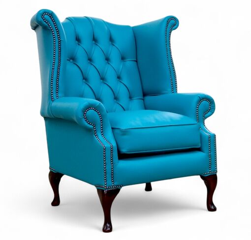 SPECIAL OFFER Chesterfield Queen Anne High Back Wing Armchair Sapphire Blue Leather