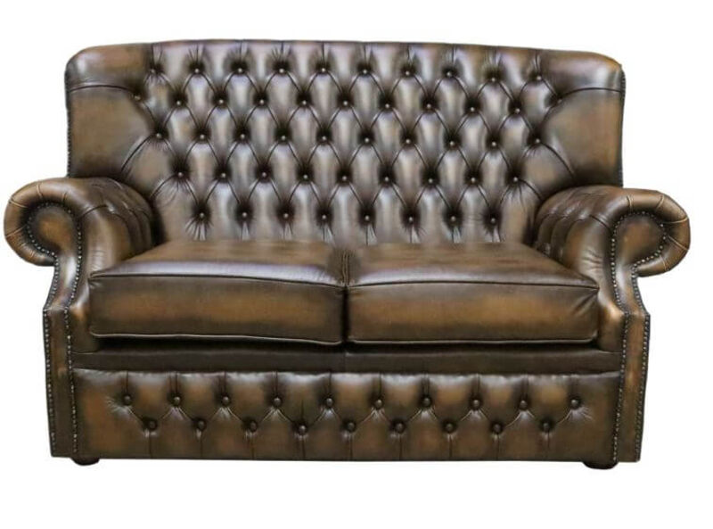 Product photograph of Monks Chesterfield 2 Seater Antique Gold Leather Sofa Offer from Designer Sofas 4U