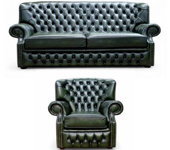 Monks Chesterfield 3+1 Sofa Suite Antique Green Leather Offer