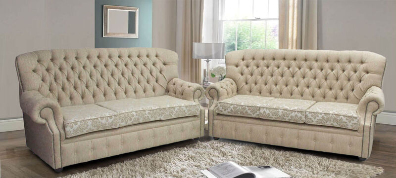 Product photograph of Monks Chesterfield 3 3 Seater Cadiz Mink Fabric Sofa Suite Offer from Designer Sofas 4U