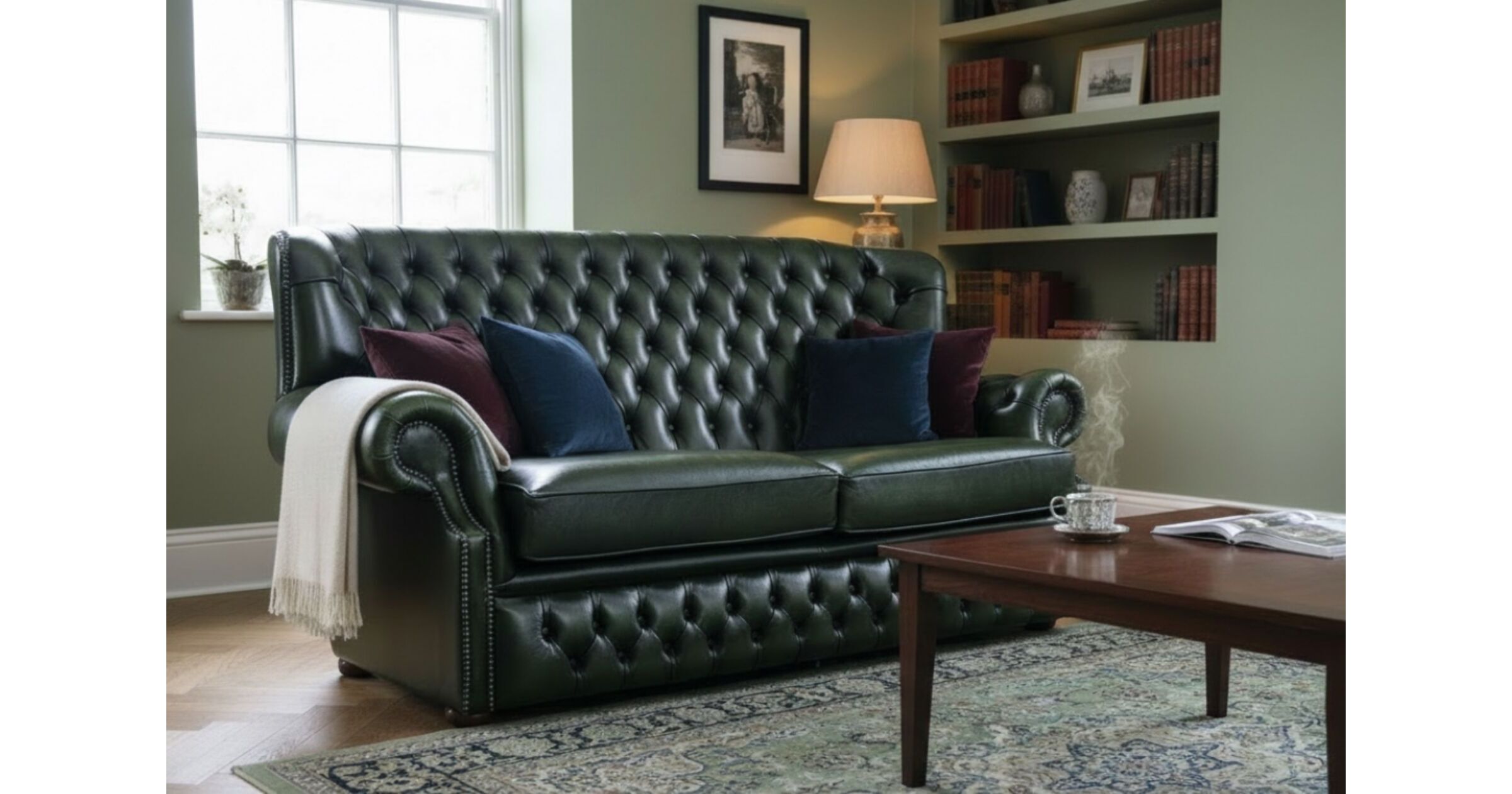 Exclusive Deal Monks Chesterfield 3 Seater Sofa - Antique Green Leather