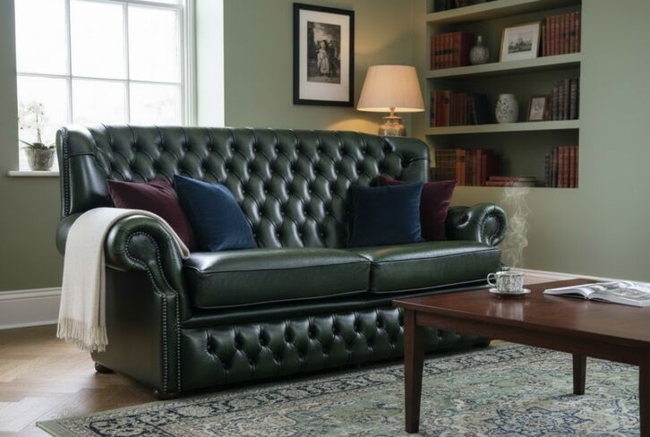 Monks Chesterfield 3-Seater Antique Green Leather Sofa – Classic Deep Buttoned Design