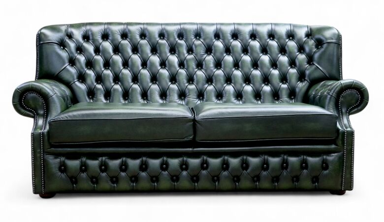 Monks Chesterfield 3-Seater Antique Green Leather Sofa – Classic Deep Buttoned Design