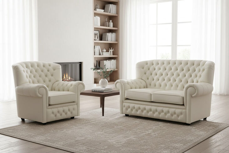 Monks Thomas Chesterfield 2+1 Seater Cottonseed Cream Leather Sofa Suite Offer