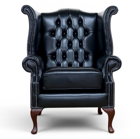 Old English Black Leather Chesterfield Queen Anne High Back Wing Chair | DesignerSofas4U