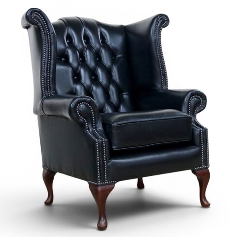 SPECIAL OFFER Chesterfield Queen Anne High Back Wing Chair Old English Black Leather