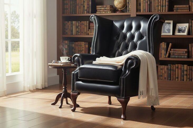 SPECIAL OFFER Chesterfield Queen Anne High Back Wing Chair Old English Black Leather