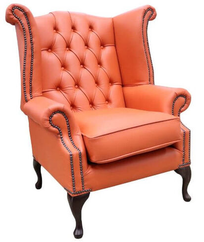 Orange Leather Chesterfield Queen Anne High Back Wing Chair | DesignerSofas4U