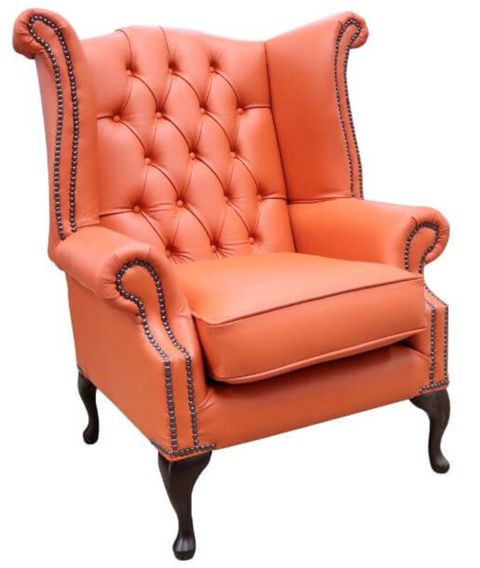 Product photograph of Orange Leather Chesterfield Queen Anne High Back Wing Chair Amp Hellip from Designer Sofas 4U