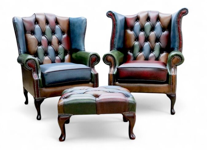 Pair Of Chesterfield Patchwork Queen Anne Wing Chairs Antique Real Leather